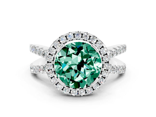 White gold Round Cut Green Sapphire Halo Ring with Split Shank Pavé Band and Prong Setting