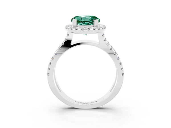 White gold Round Cut Green Sapphire Halo Ring with Split Shank Pavé Band and Prong Setting