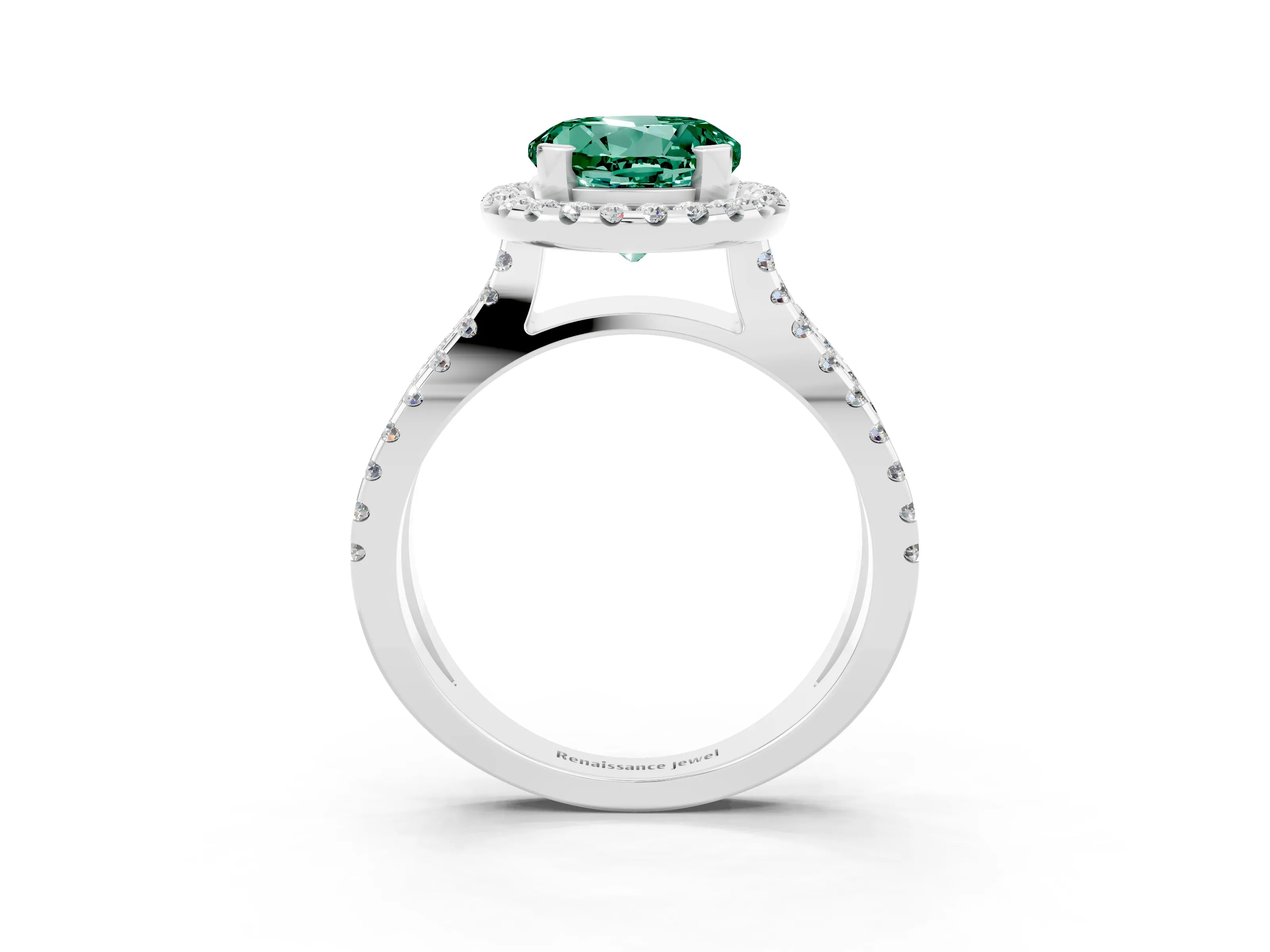 White gold Round Cut Green Sapphire Halo Ring with Split Shank Pavé Band and Prong Setting_3