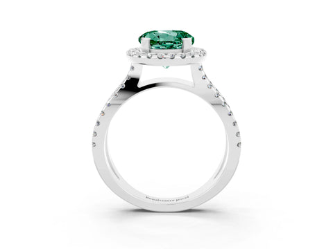 White gold Round Cut Green Sapphire Halo Ring with Split Shank Pavé Band and Prong Setting_3