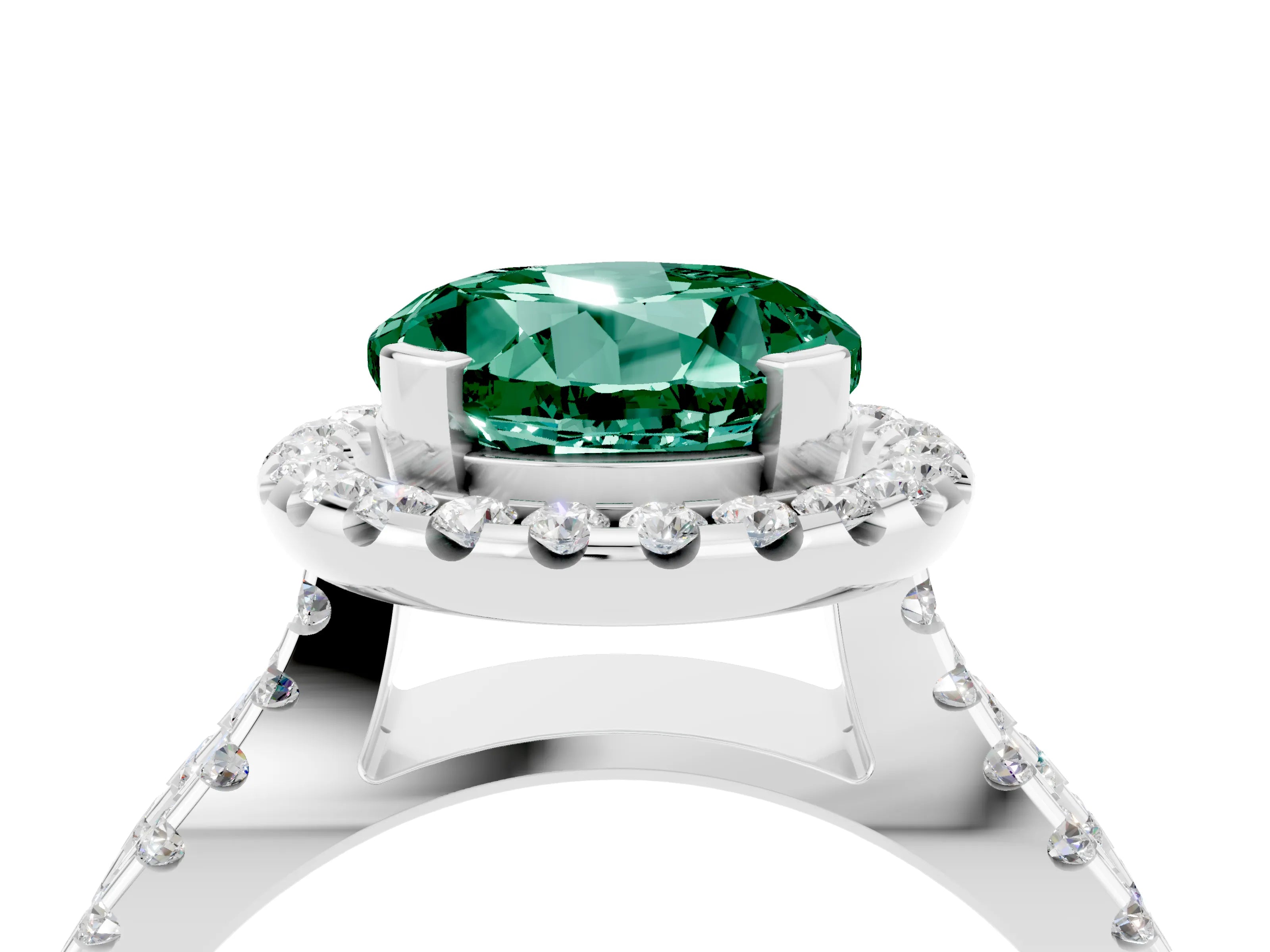 White gold Round Cut Green Sapphire Halo Ring with Split Shank Pavé Band and Prong Setting_4