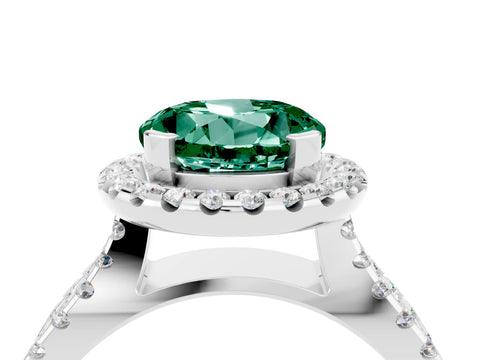 White gold Round Cut Green Sapphire Halo Ring with Split Shank Pavé Band and Prong Setting_4