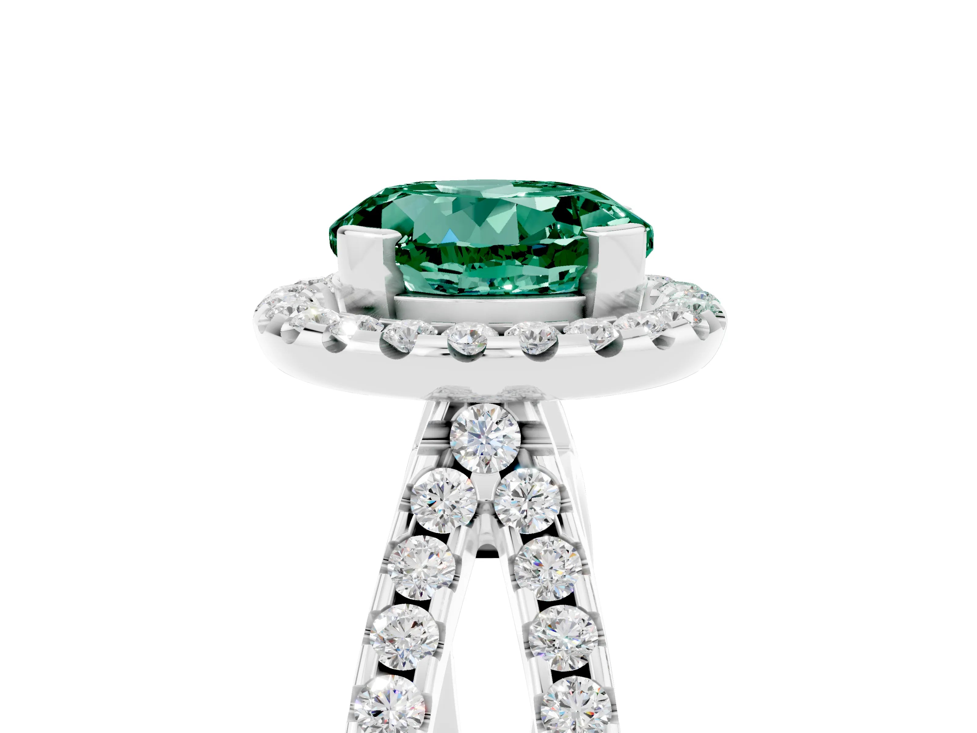 White gold Round Cut Green Sapphire Halo Ring with Split Shank Pavé Band and Prong Setting_5