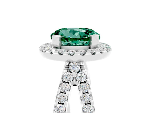 White gold Round Cut Green Sapphire Halo Ring with Split Shank Pavé Band and Prong Setting_5