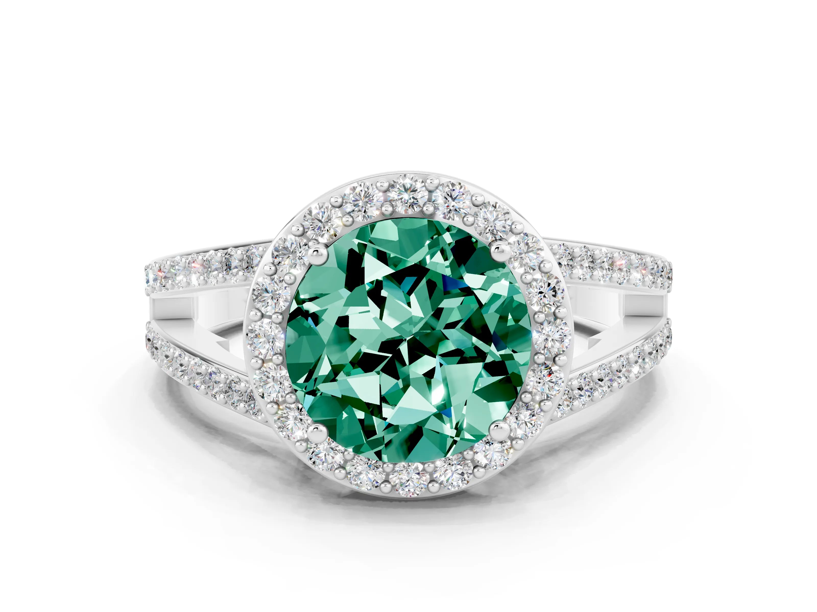 White gold Round Cut Green Sapphire Halo Ring with Split Shank U-Prong Band and Four-Prong Setting