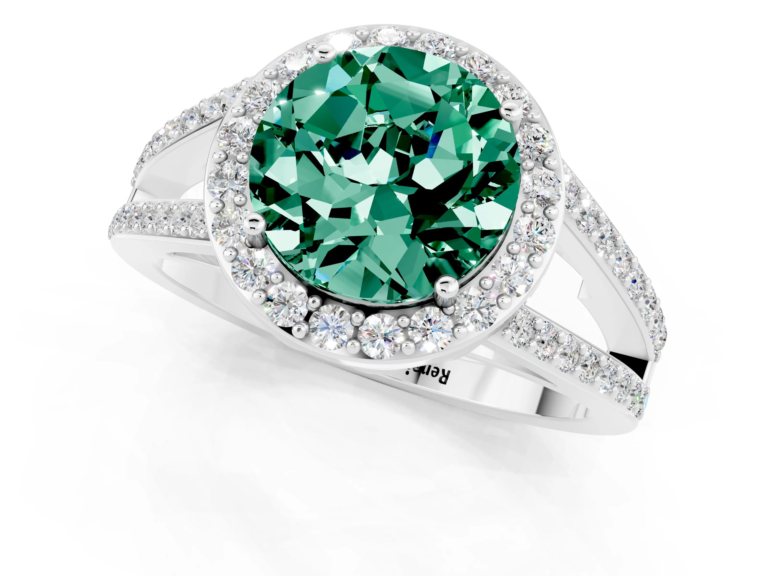 White gold Round Cut Green Sapphire Halo Ring with Split Shank U-Prong Band and Four-Prong Setting_1