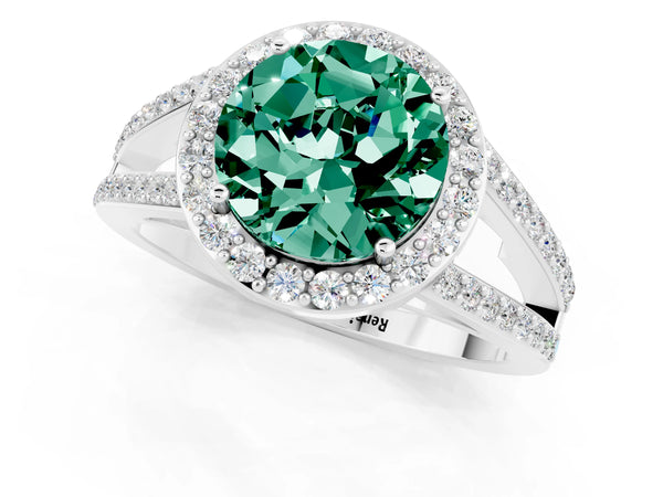 Silver Round Cut Green Sapphire Halo Ring with Split Shank U-Prong Band and Four-Prong Setting