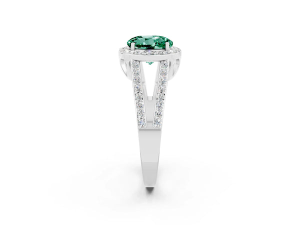 Platinum Round Cut Green Sapphire Halo Ring with Split Shank U-Prong Band and Four-Prong Setting