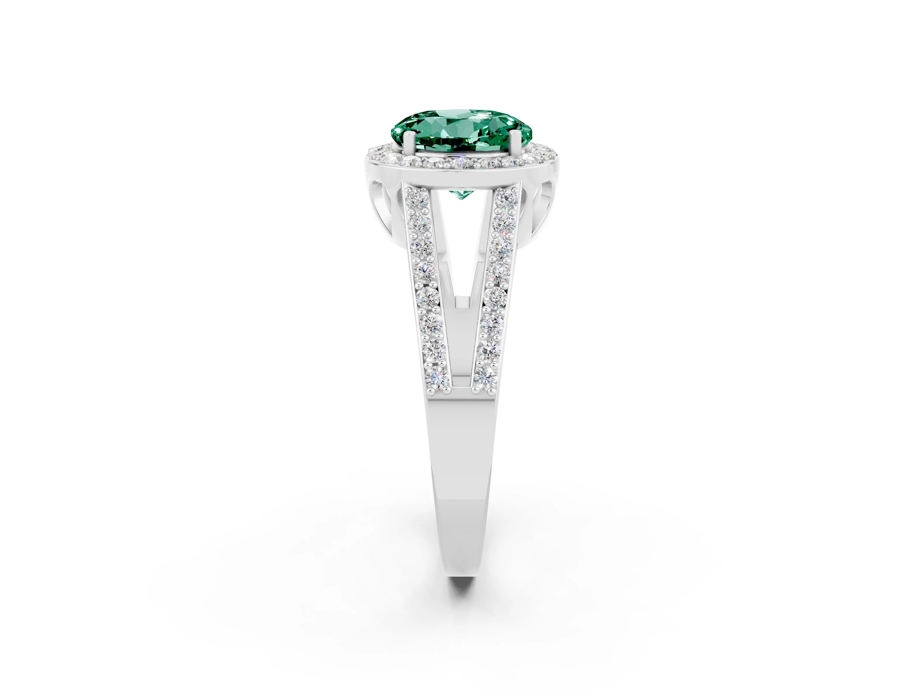 White gold Round Cut Green Sapphire Halo Ring with Split Shank U-Prong Band and Four-Prong Setting_2