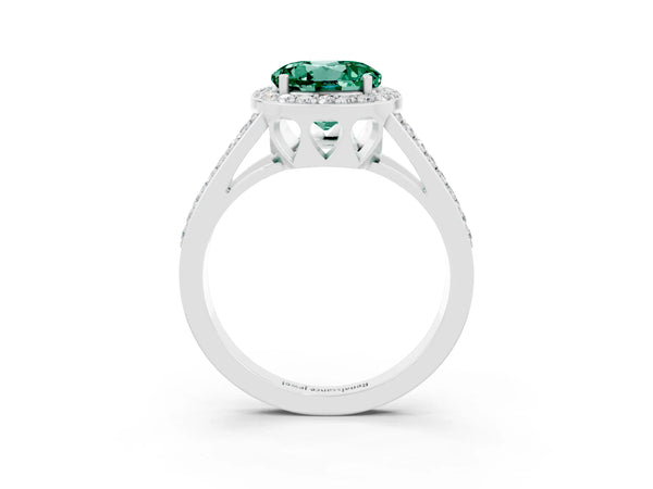 Platinum Round Cut Green Sapphire Halo Ring with Split Shank U-Prong Band and Four-Prong Setting