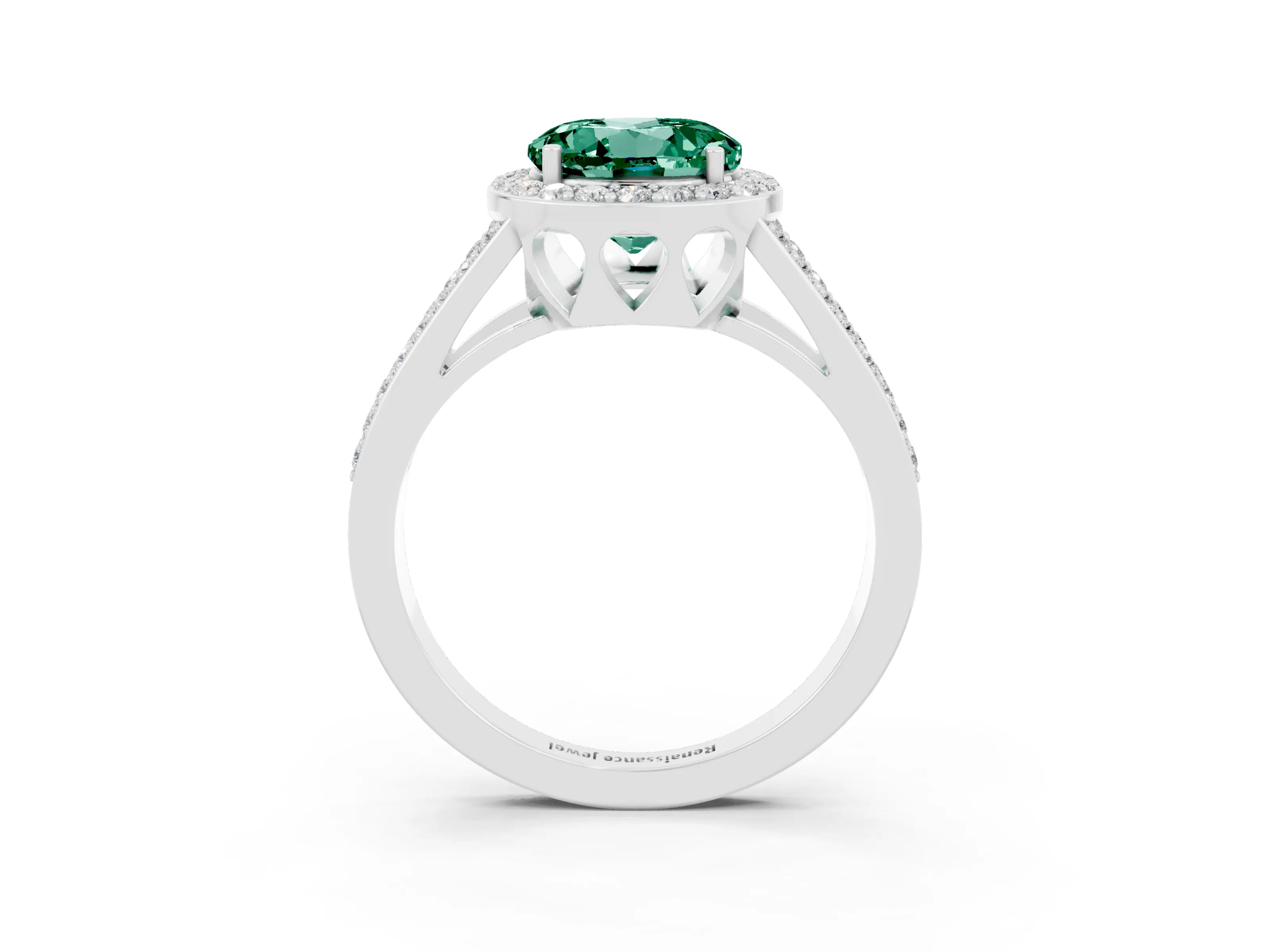 White gold Round Cut Green Sapphire Halo Ring with Split Shank U-Prong Band and Four-Prong Setting_3