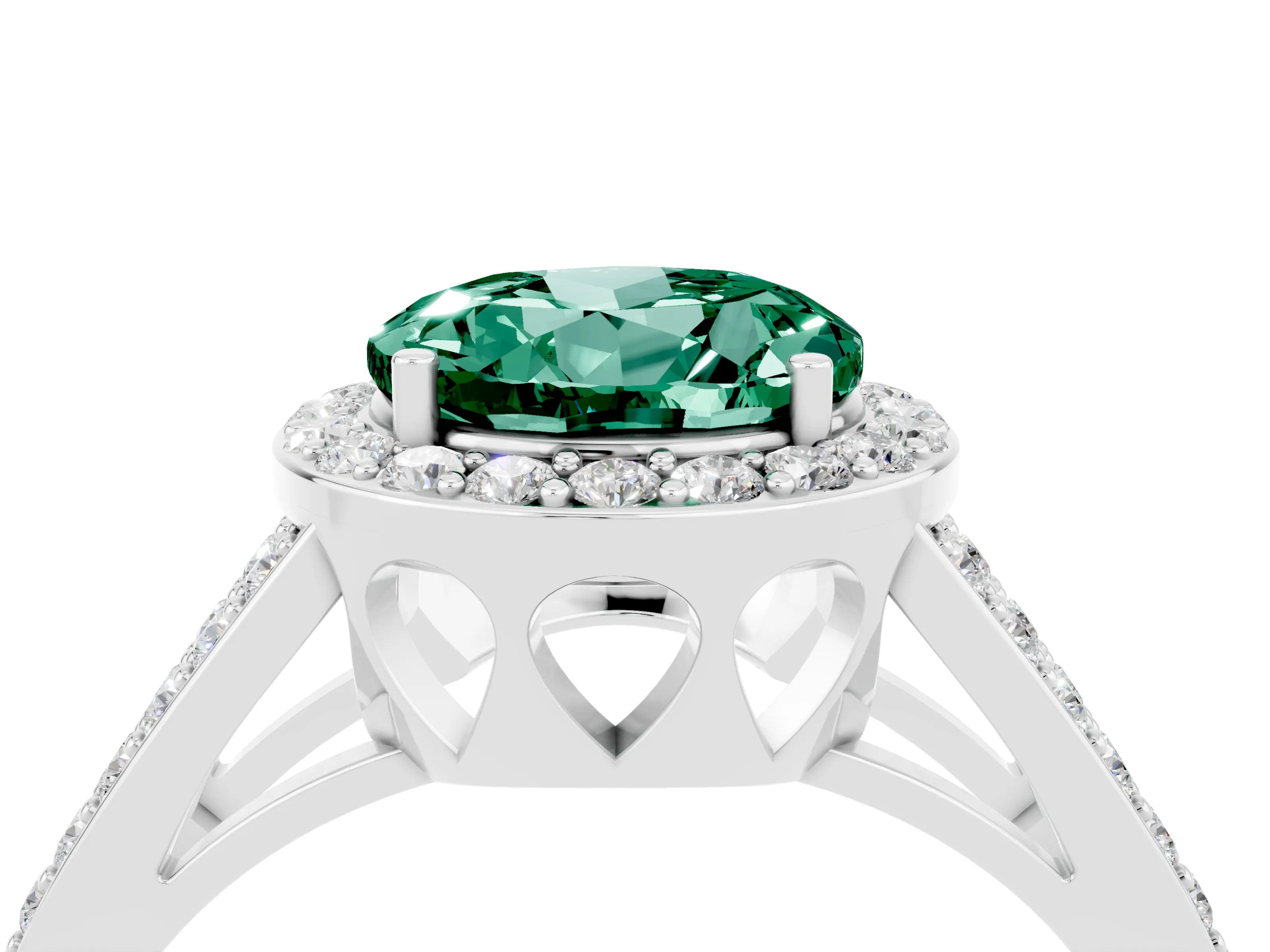 White gold Round Cut Green Sapphire Halo Ring with Split Shank U-Prong Band and Four-Prong Setting_4