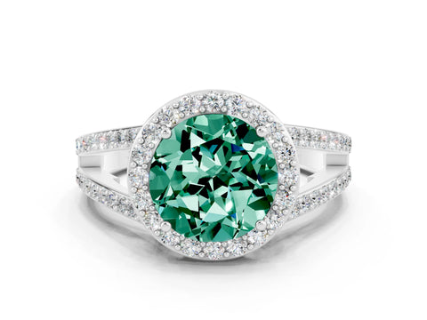 White gold Round Cut Green Sapphire Halo Ring with Split Shank U-Prong Band and Four-Prong Setting