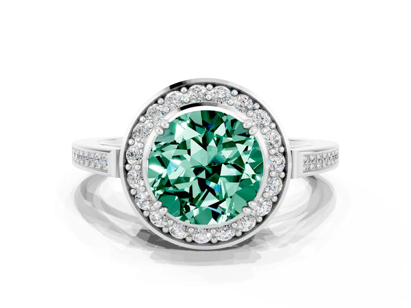 Platinum Round Cut Green Sapphire Halo Ring with Split Shank and Four-Prong Setting