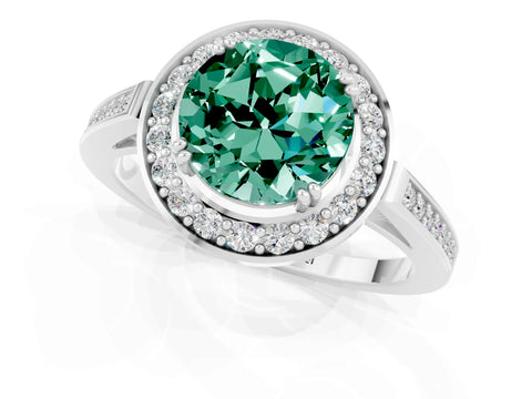 White gold Round Cut Green Sapphire Halo Ring with Split Shank and Four-Prong Setting_13