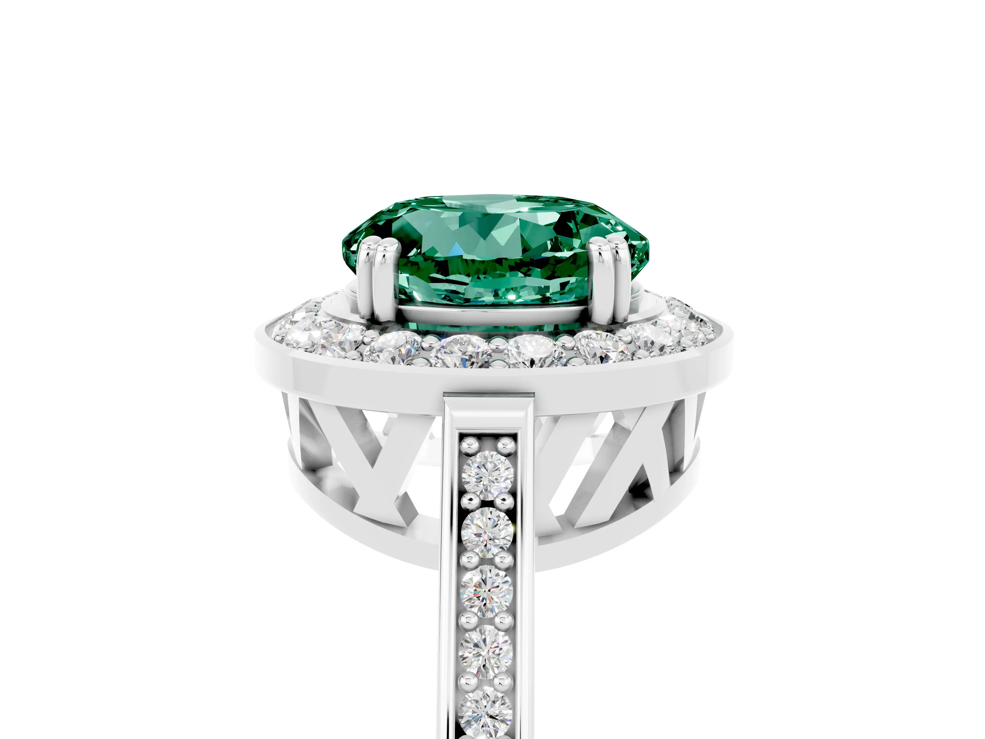 White gold Round Cut Green Sapphire Halo Ring with Split Shank and Four-Prong Setting_17