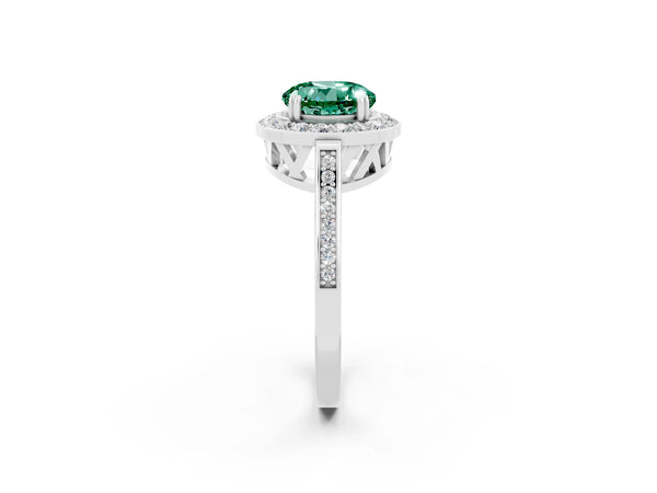 Platinum Round Cut Green Sapphire Halo Ring with Split Shank and Four-Prong Setting