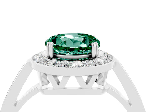 White gold Round Cut Green Sapphire Halo Ring with Split Shank and Four-Prong Setting_4