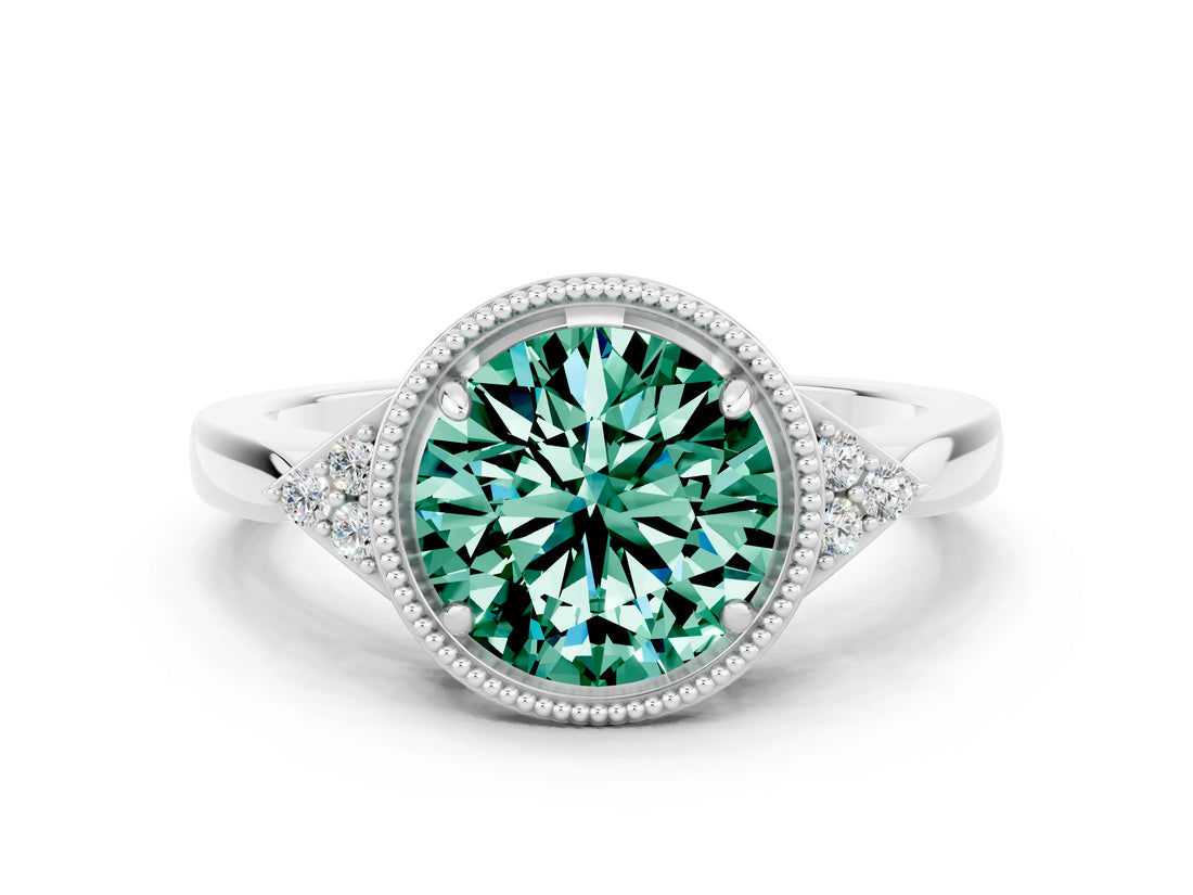 White gold Round Cut Green Sapphire Halo Ring with Tapered Band and Four-Prong Setting