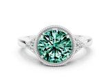 White gold Round Cut Green Sapphire Halo Ring with Tapered Band and Four-Prong Setting
