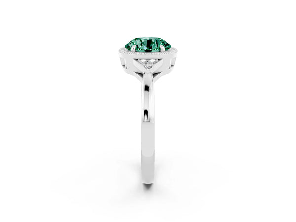 Platinum Round Cut Green Sapphire Halo Ring with Tapered Band and Four-Prong Setting