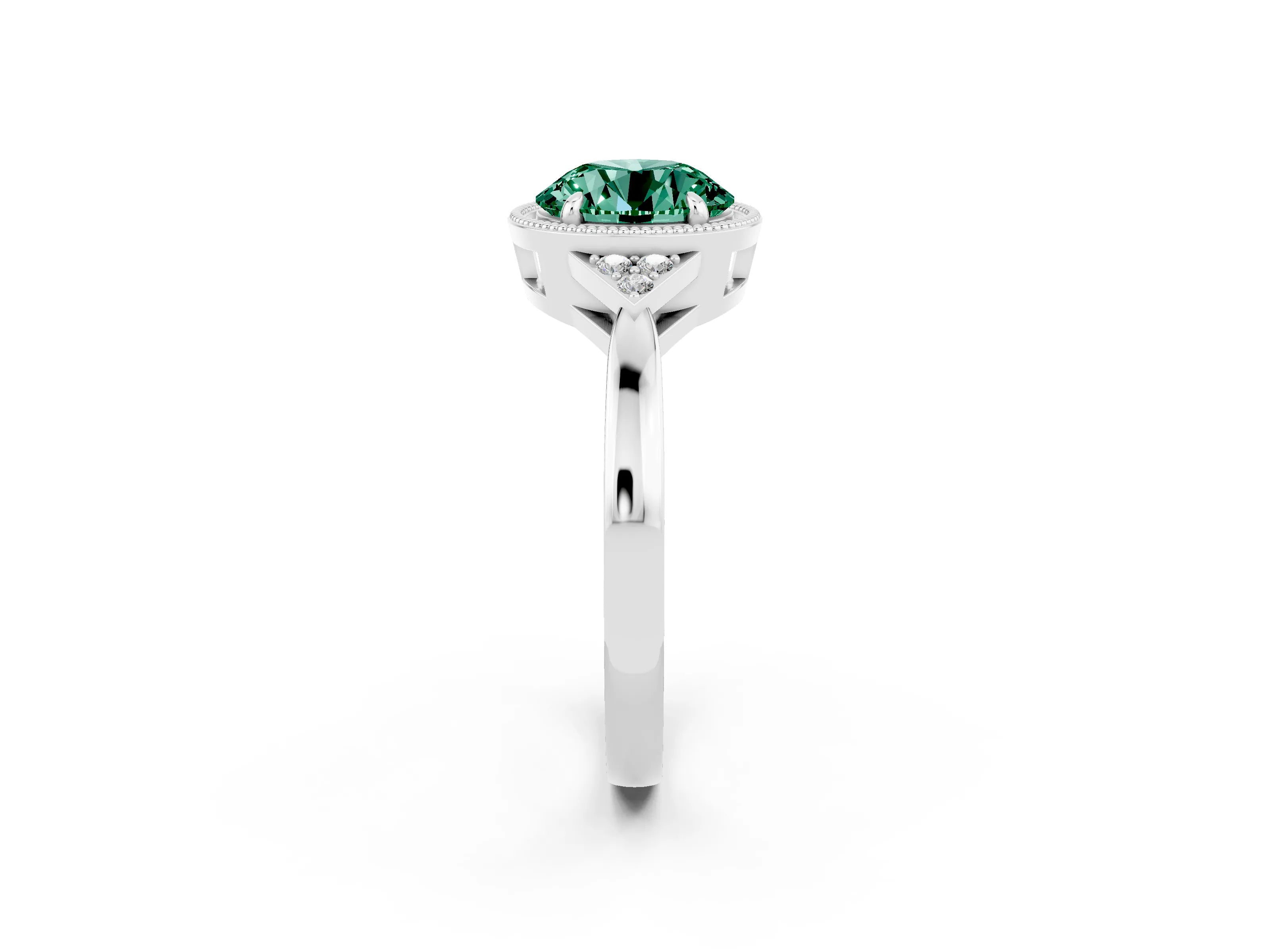 White gold Round Cut Green Sapphire Halo Ring with Tapered Band and Four-Prong Setting_2