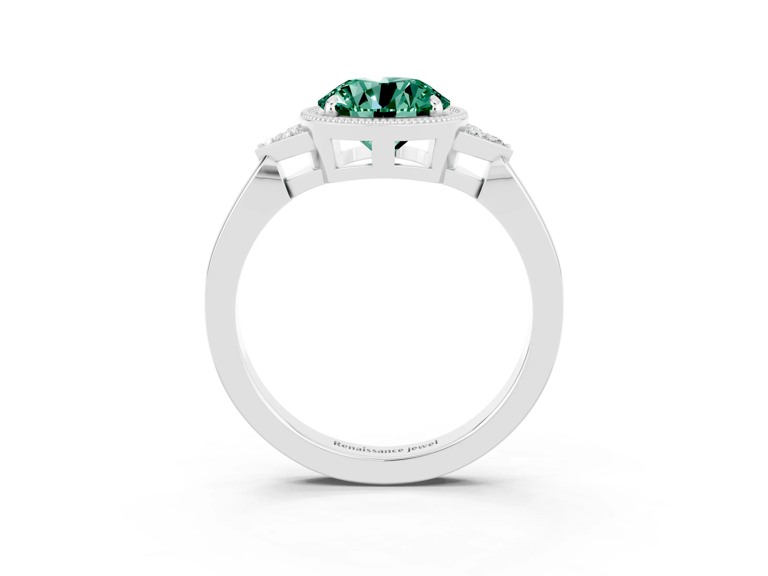 White gold Round Cut Green Sapphire Halo Ring with Tapered Band and Four-Prong Setting_3