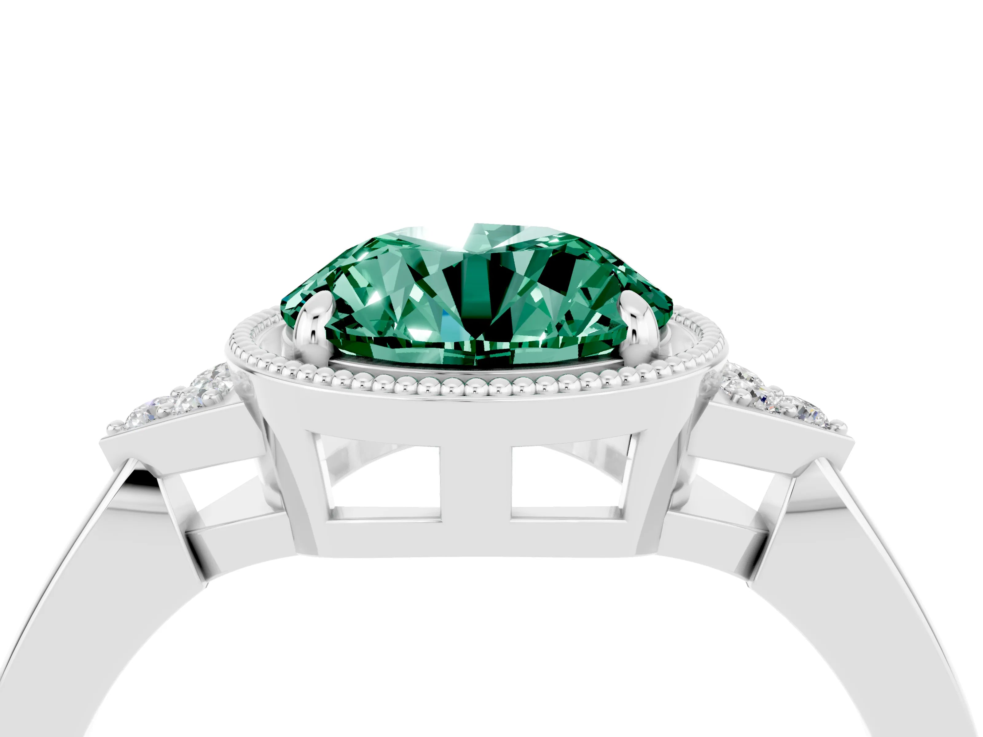 White gold Round Cut Green Sapphire Halo Ring with Tapered Band and Four-Prong Setting_4