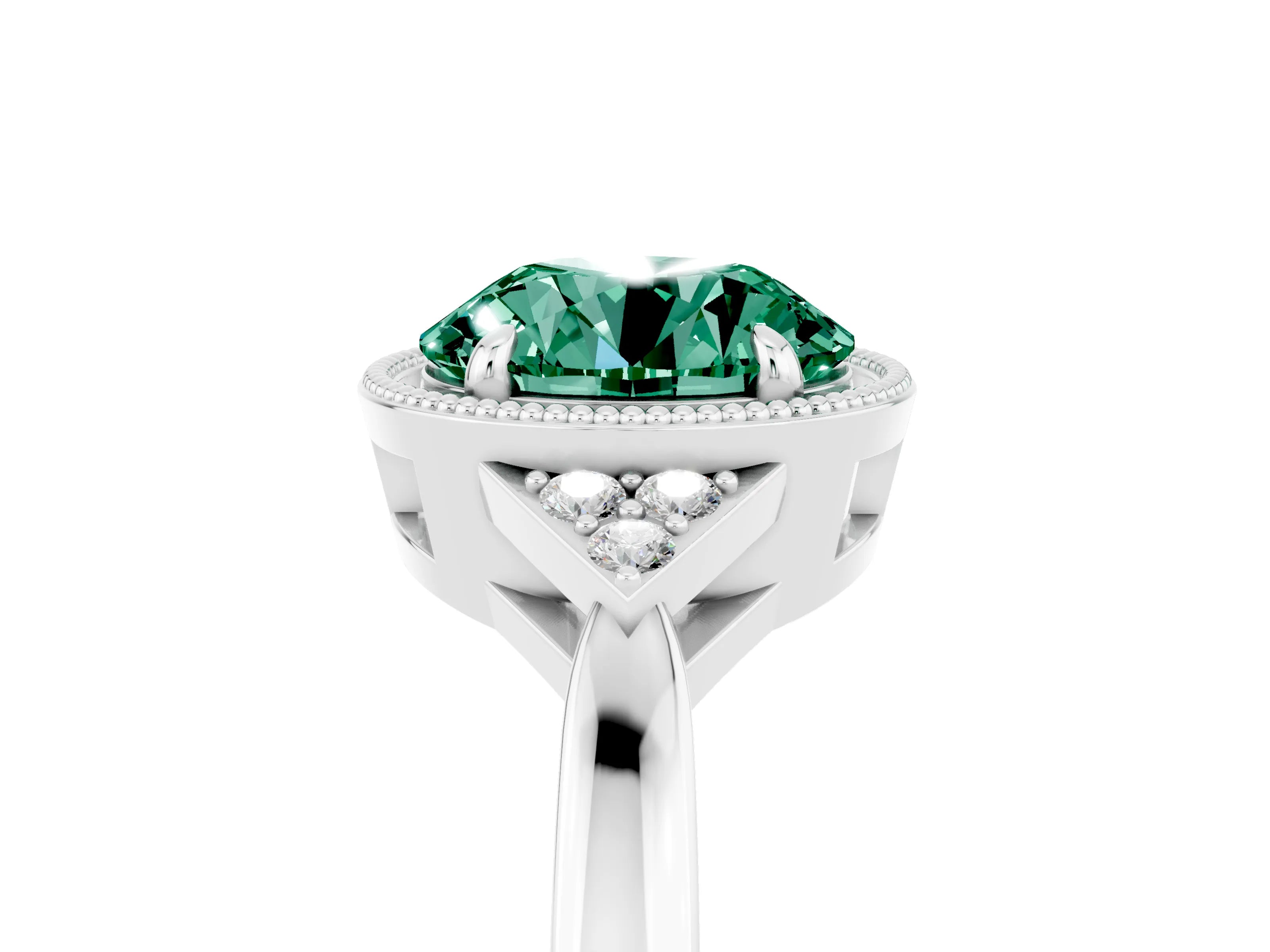White gold Round Cut Green Sapphire Halo Ring with Tapered Band and Four-Prong Setting_5