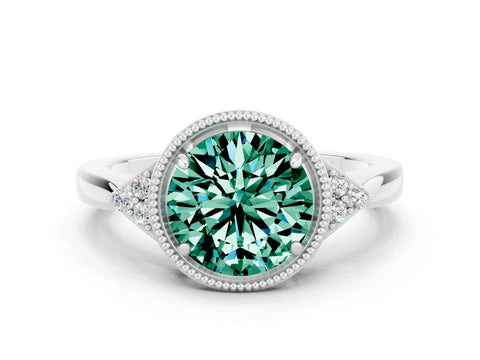 White gold Round Cut Green Sapphire Halo Ring with Tapered Band and Four-Prong Setting