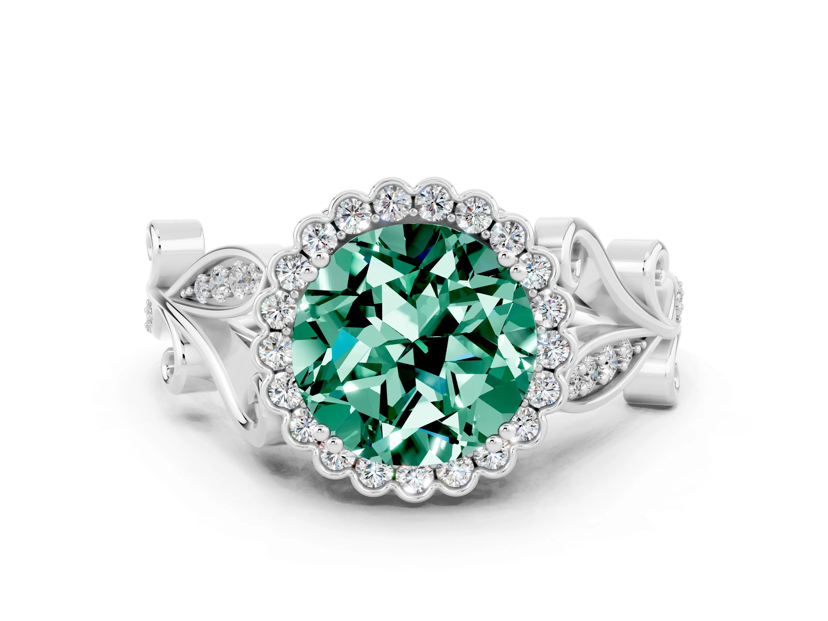 White gold Round Cut Green Sapphire Halo Ring with Vintage Split Shank and Four-Prong Setting