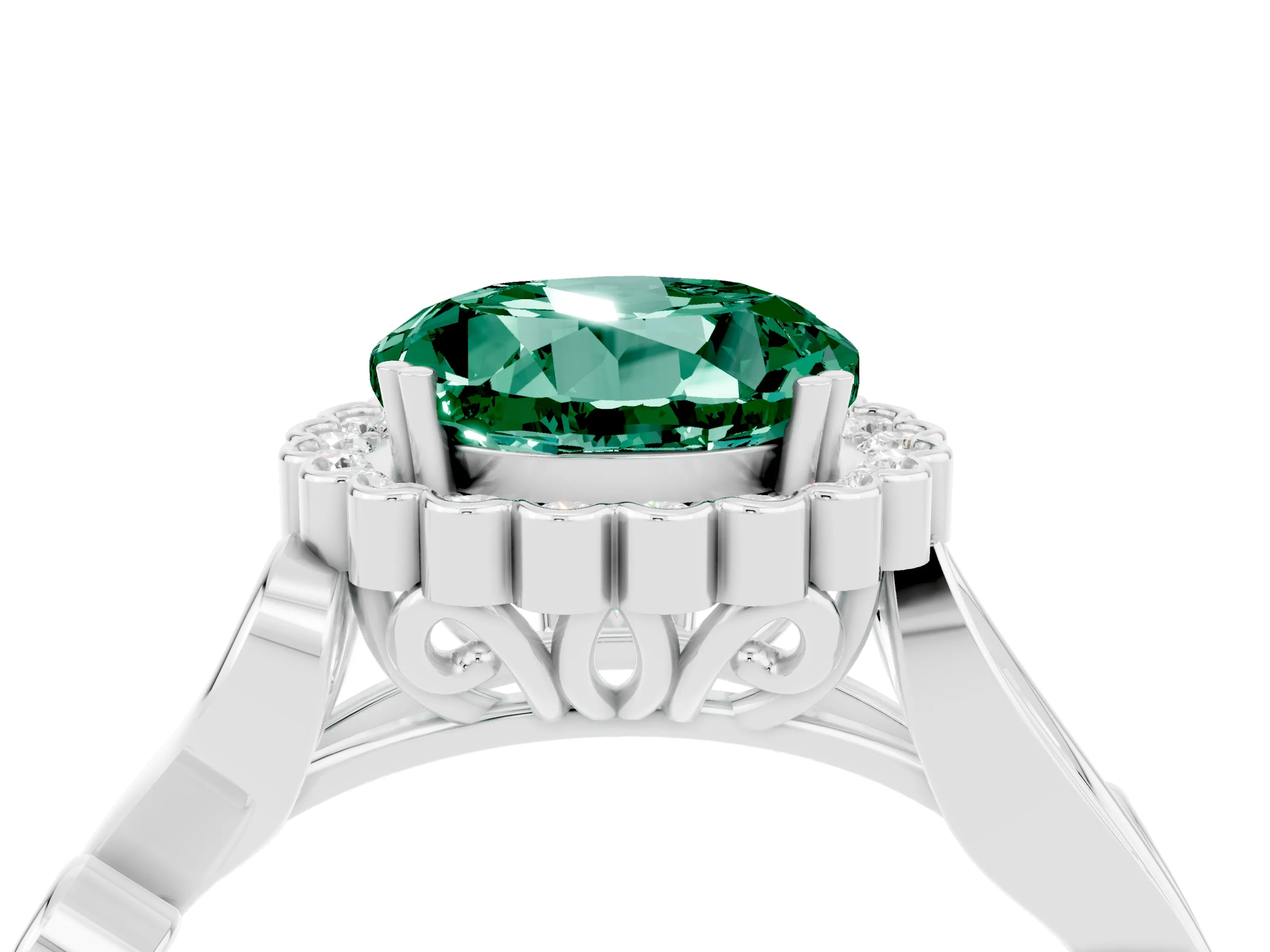 White gold Round Cut Green Sapphire Halo Ring with Vintage Split Shank and Four-Prong Setting_10