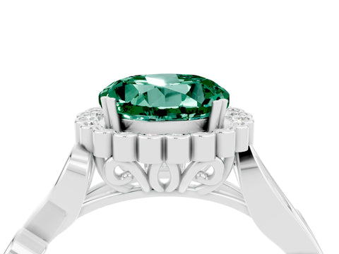 White gold Round Cut Green Sapphire Halo Ring with Vintage Split Shank and Four-Prong Setting_10