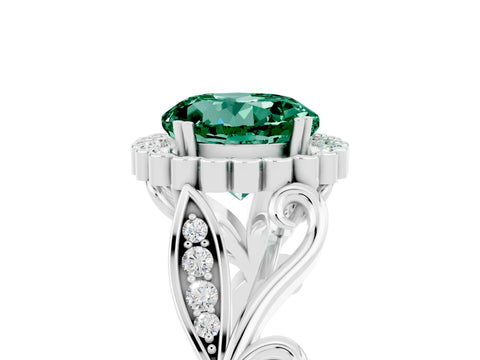 White gold Round Cut Green Sapphire Halo Ring with Vintage Split Shank and Four-Prong Setting_11