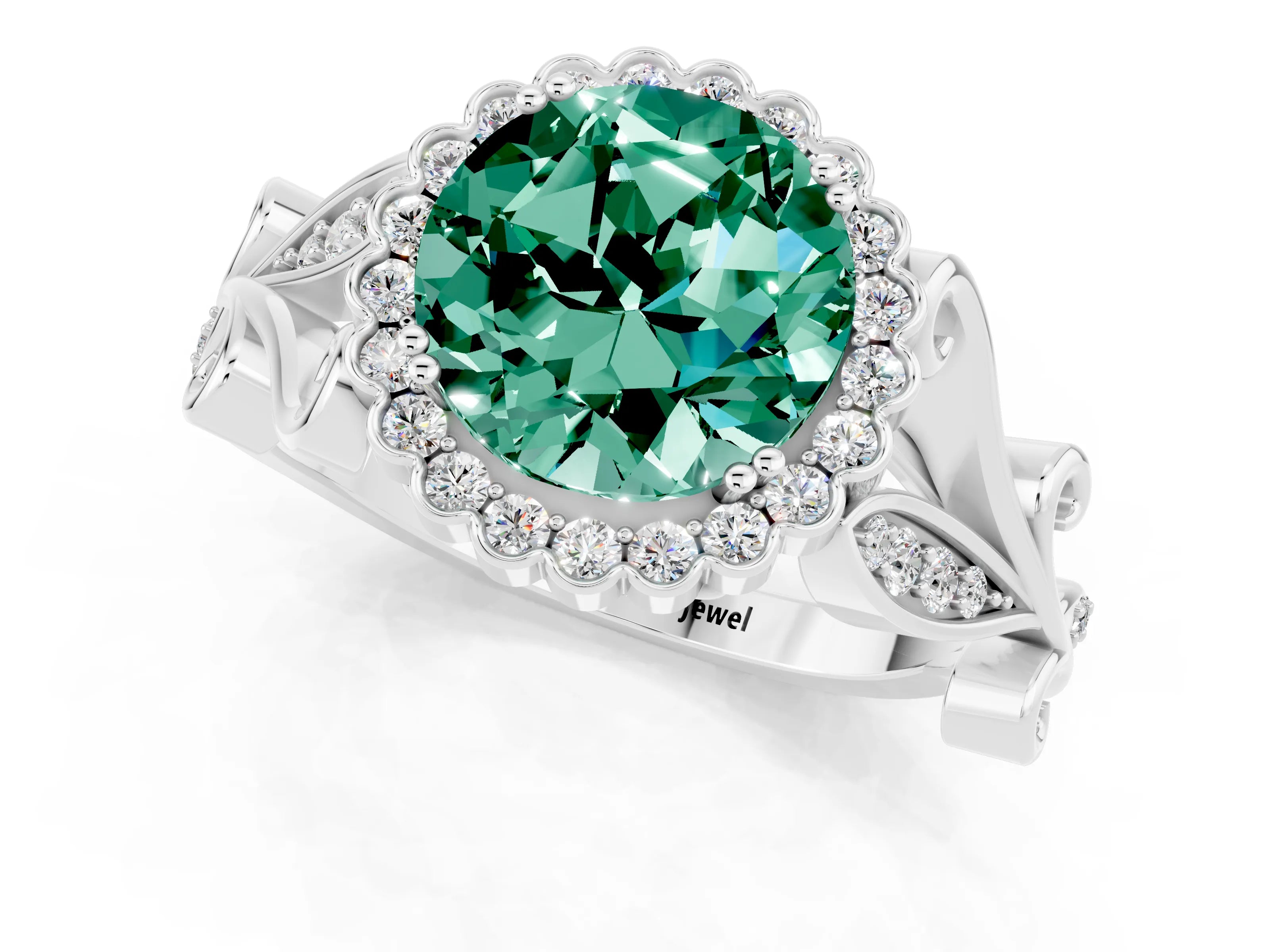 White gold Round Cut Green Sapphire Halo Ring with Vintage Split Shank and Four-Prong Setting_1