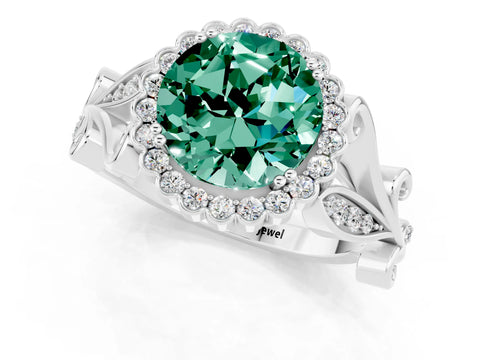 White gold Round Cut Green Sapphire Halo Ring with Vintage Split Shank and Four-Prong Setting_1