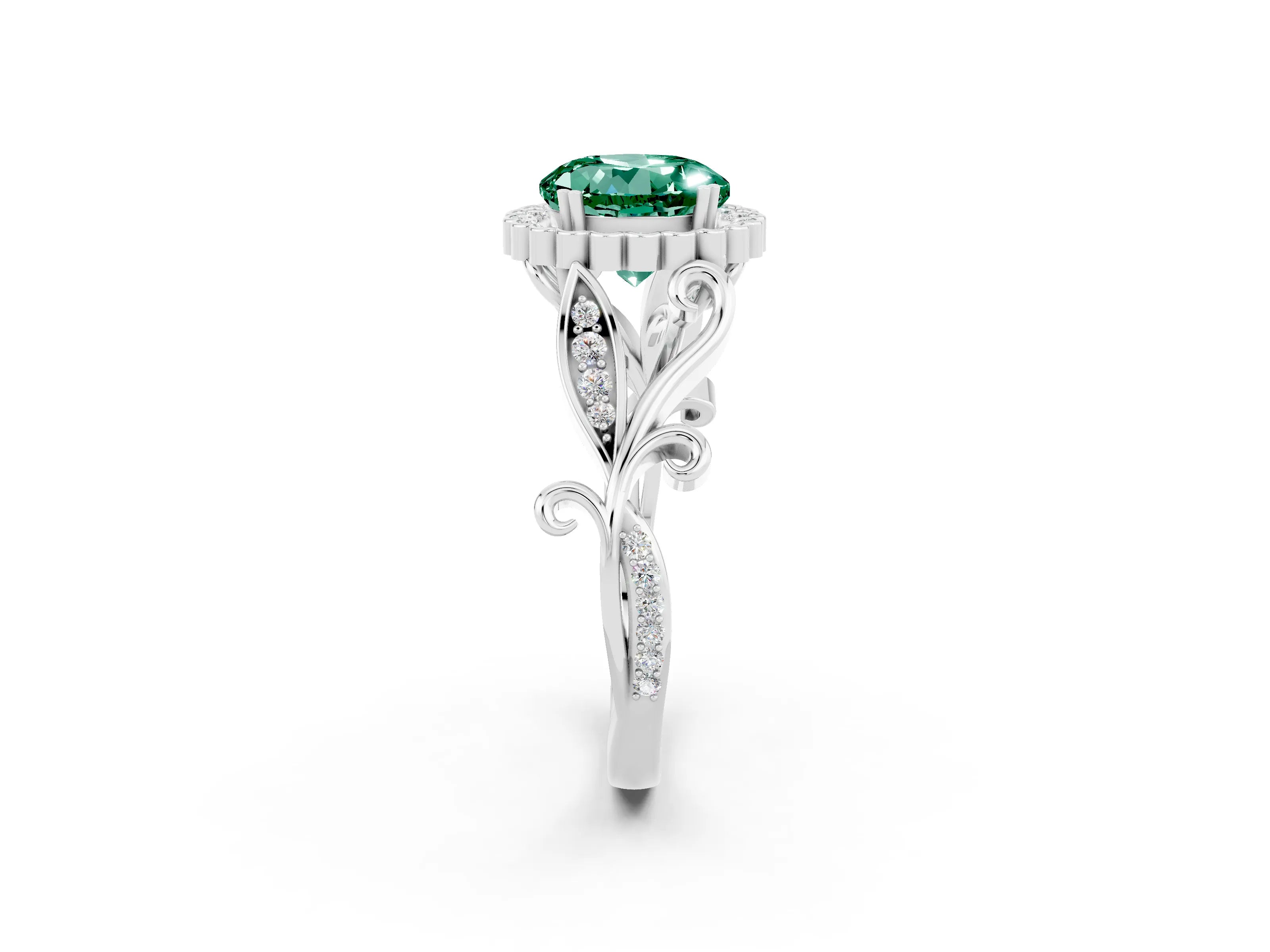 White gold Round Cut Green Sapphire Halo Ring with Vintage Split Shank and Four-Prong Setting_2