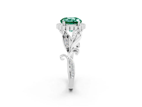 White gold Round Cut Green Sapphire Halo Ring with Vintage Split Shank and Four-Prong Setting_2