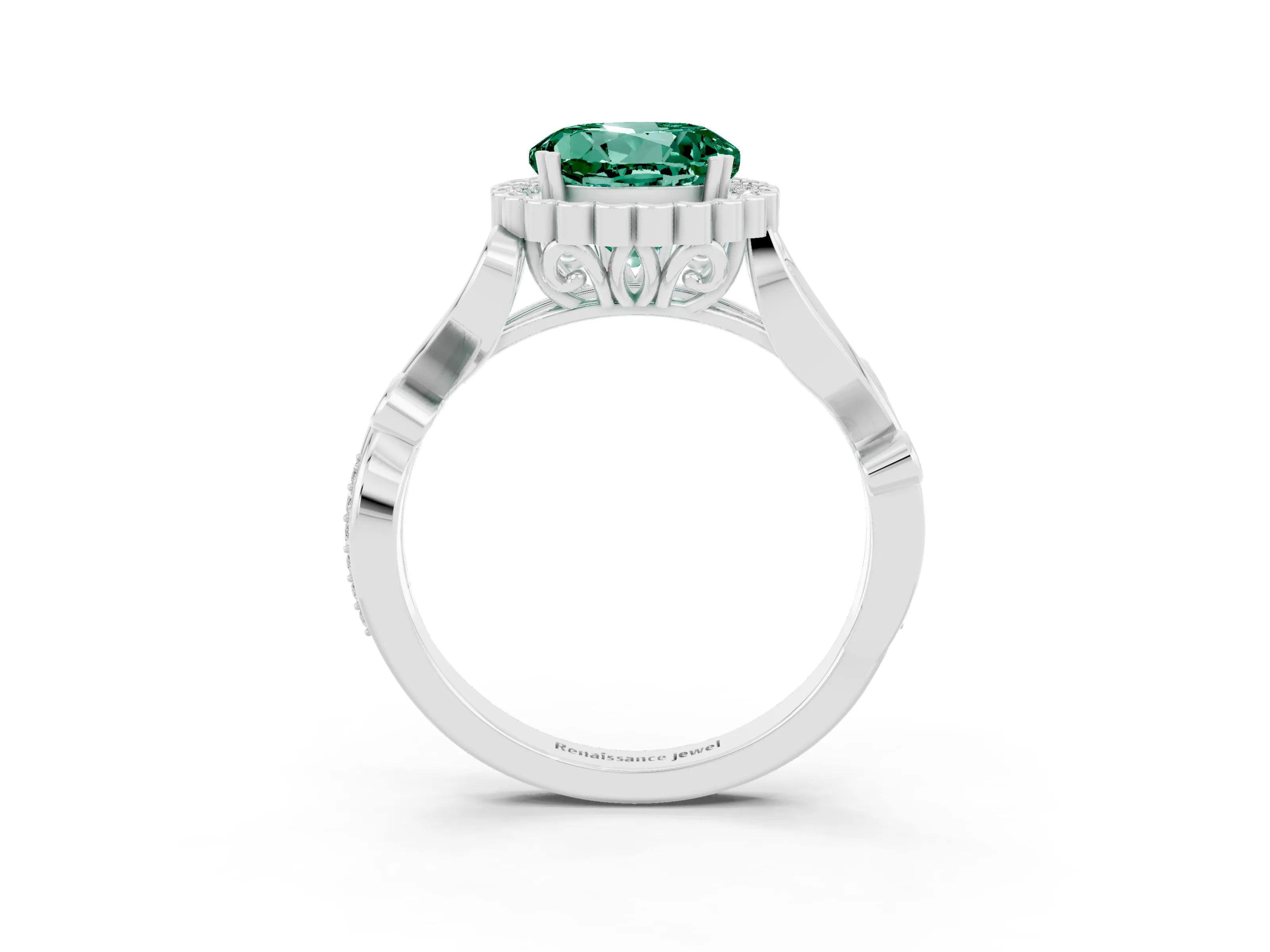 White gold Round Cut Green Sapphire Halo Ring with Vintage Split Shank and Four-Prong Setting_3