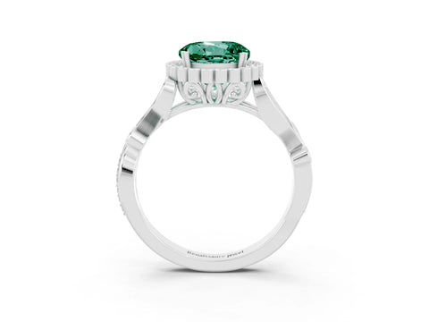 White gold Round Cut Green Sapphire Halo Ring with Vintage Split Shank and Four-Prong Setting_3