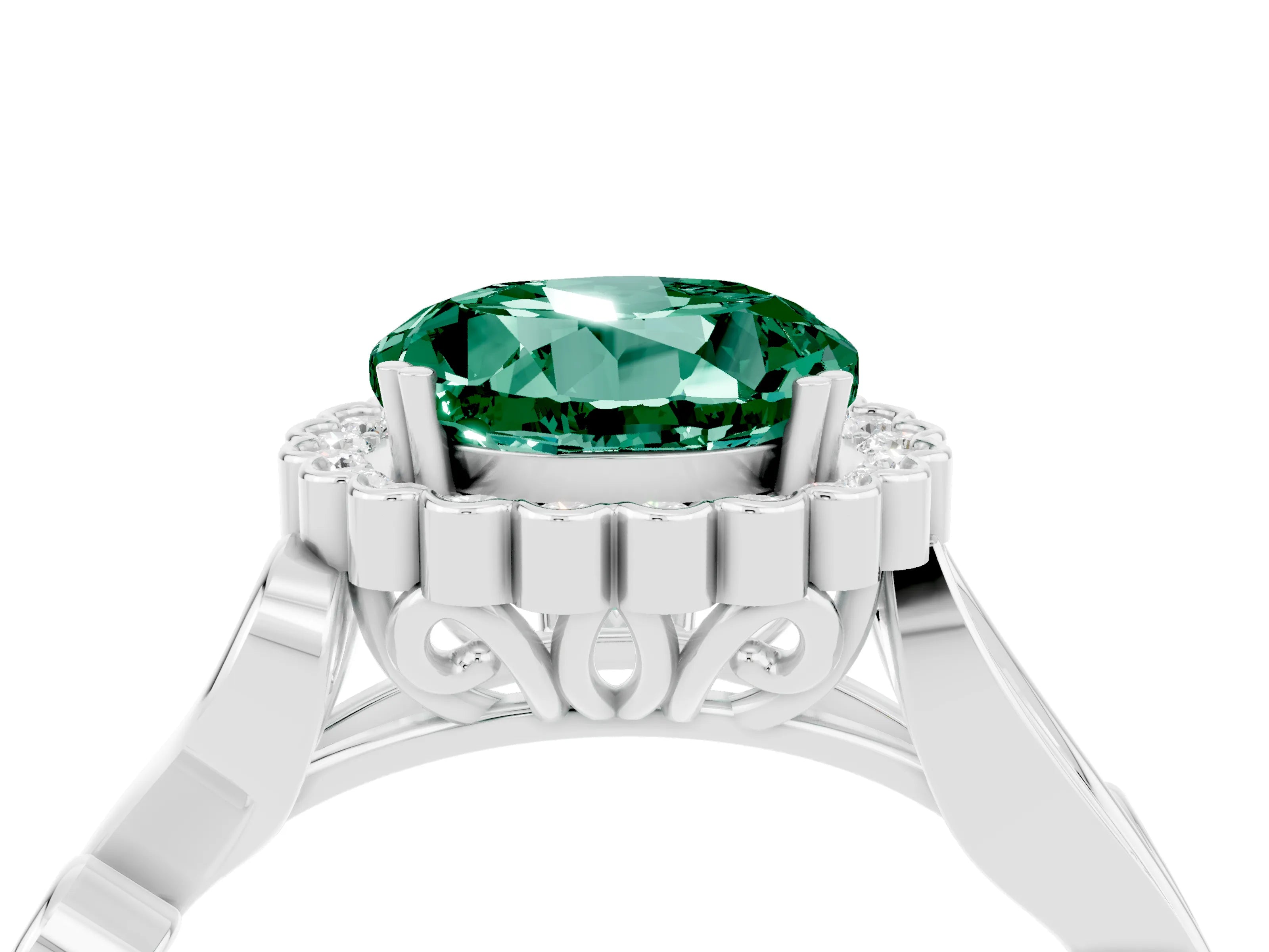White gold Round Cut Green Sapphire Halo Ring with Vintage Split Shank and Four-Prong Setting_4