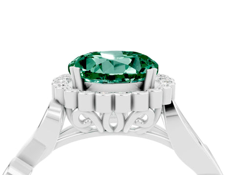 White gold Round Cut Green Sapphire Halo Ring with Vintage Split Shank and Four-Prong Setting_4