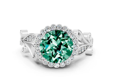 White gold Round Cut Green Sapphire Halo Ring with Vintage Split Shank and Four-Prong Setting_6