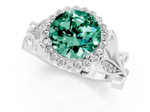 White gold Round Cut Green Sapphire Halo Ring with Vintage Split Shank and Four-Prong Setting_7
