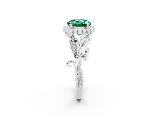 Platinum Round Cut Green Sapphire Halo Ring with Vintage Split Shank and Four-Prong Setting