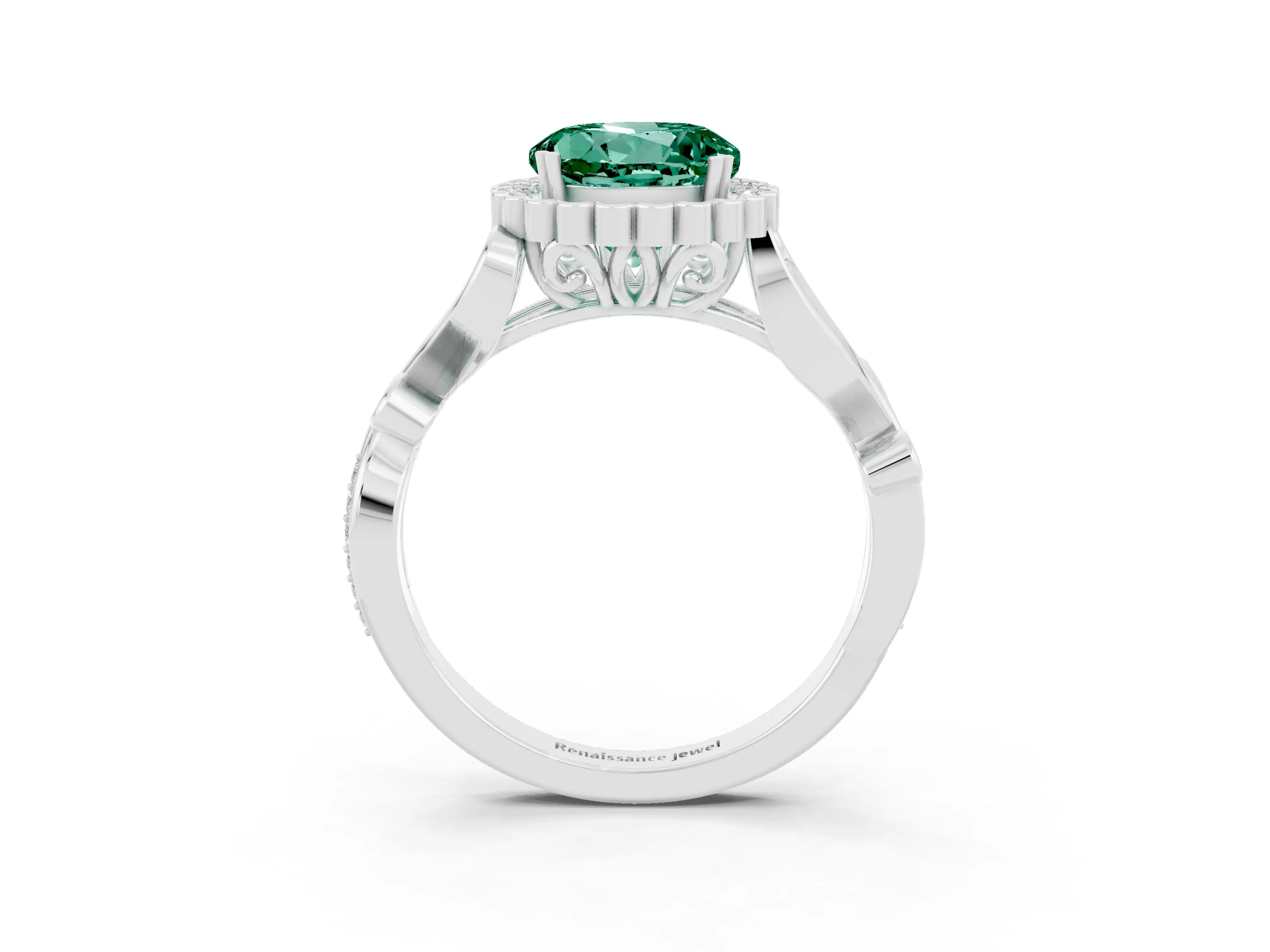 White gold Round Cut Green Sapphire Halo Ring with Vintage Split Shank and Four-Prong Setting_9