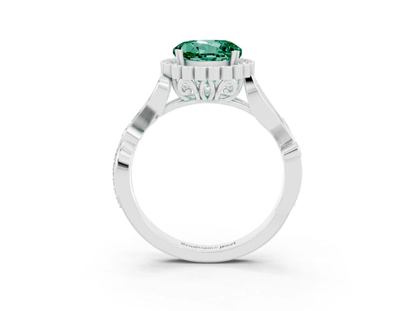 Platinum Round Cut Green Sapphire Halo Ring with Vintage Split Shank and Four-Prong Setting