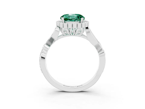 White gold Round Cut Green Sapphire Halo Ring with Vintage Split Shank and Four-Prong Setting_9
