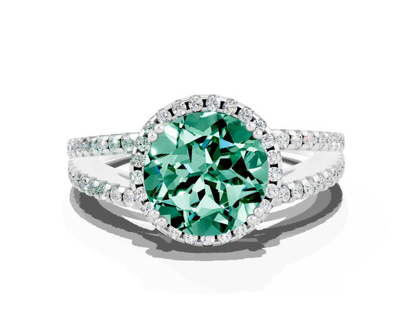 Silver Round Cut Green Sapphire Halo Split Shank Engagement Ring