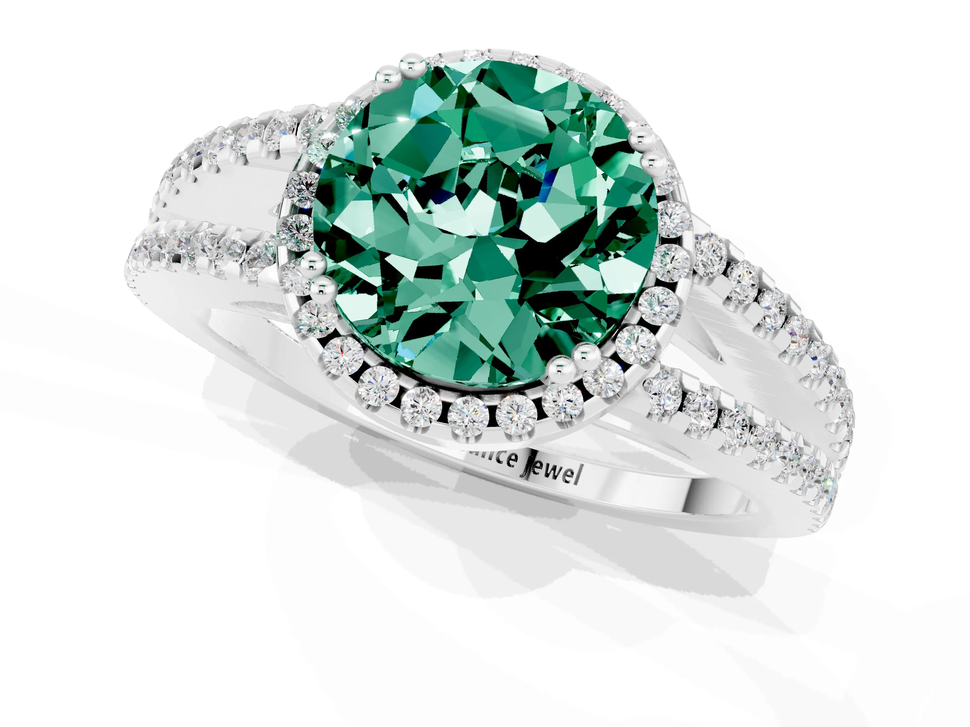 White gold Round Cut Green Sapphire Halo Split Shank Engagement Ring_13